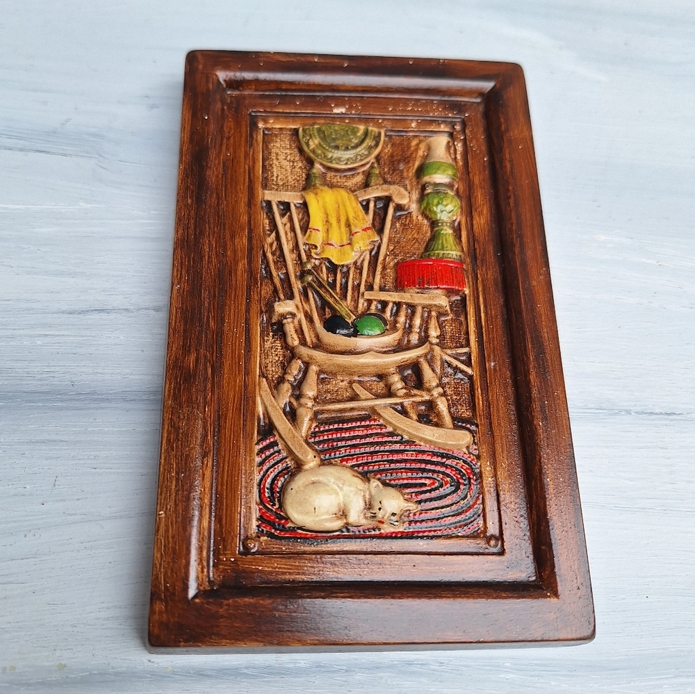 Vintage Chalkware Wall Hanging Decor Sewing Fashion Cat Rocker MCM Sculpture Art